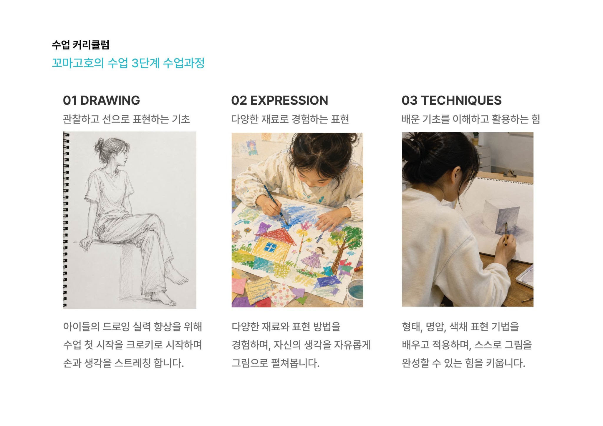 꼬마고호 미술학원의 3단계 수업 커리큘럼 안내 이미지